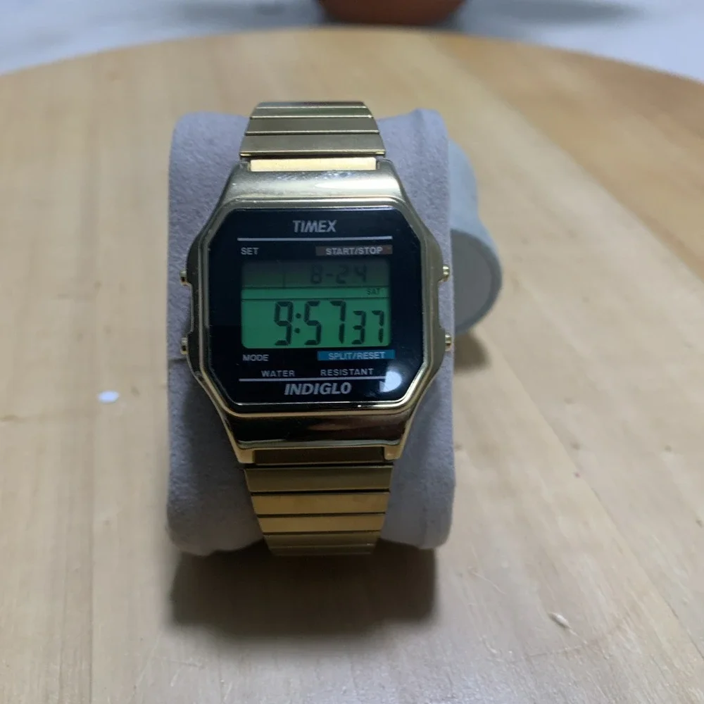 Timex Gold Digital Watch T78677 Classic Retro Indiglo Chronograph Men's Run MINT